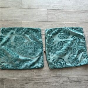 2-Pier 1 velvet textured paisley print boho pillow covers aqua zipper logo tab